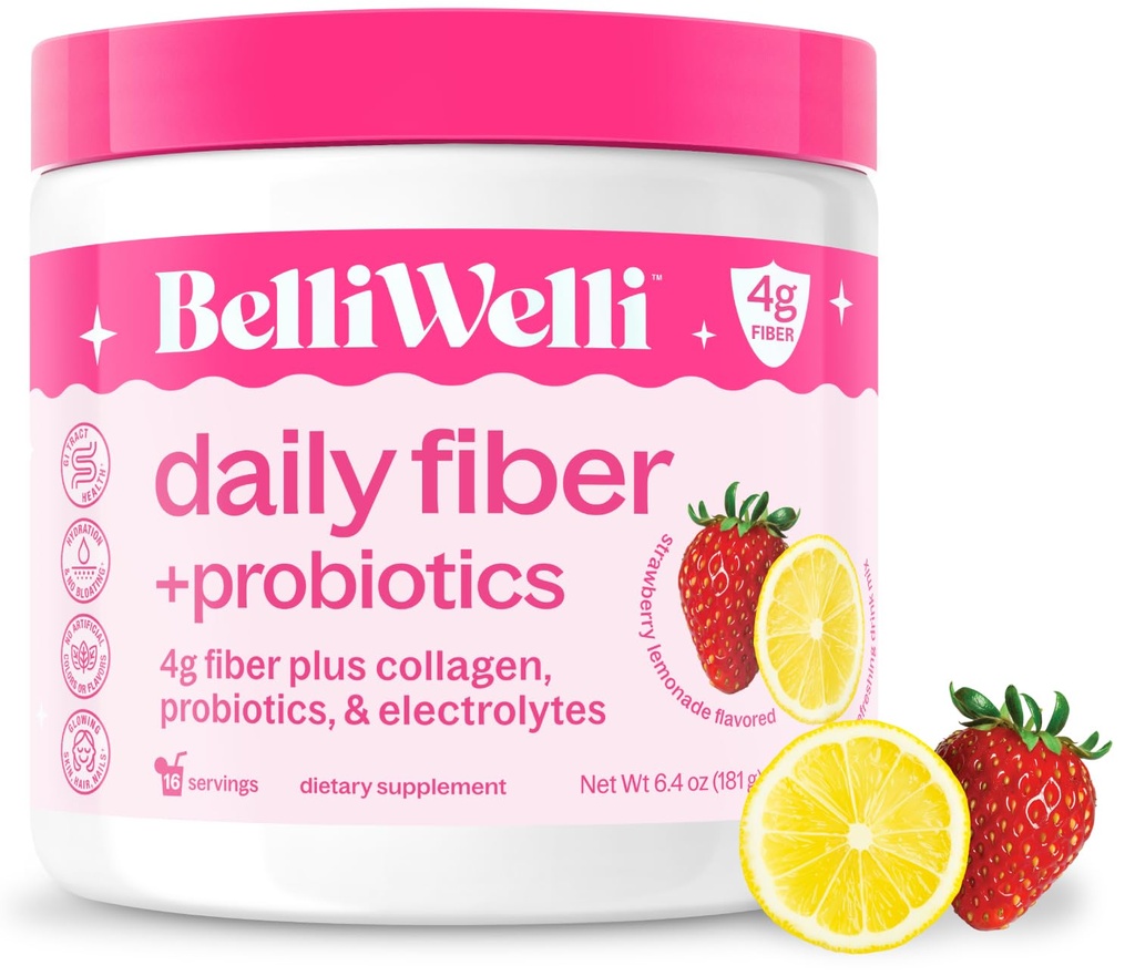 Belli Welli Fiber συμπλήρωμα για γυναίκες & άνδρες, Premium Daily Fiber σκόνη από οργανική ακακία με προσθήκη κολλαγόνου, ηλεκτρολυτών & προβιοτικών, όχι Bloat, δυσκοιλιότητα & Gut υποστήριξη της υγείας (Strawberry Lemonade)