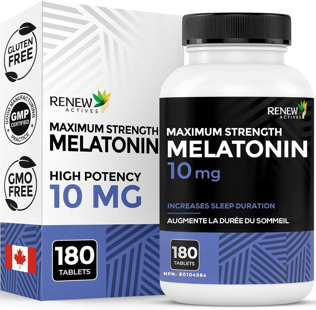 Renew Actives Melatonin 10mg per Serving – Προωθεί ένα βαθύτερο, μακρύτερο και ιδανικό για τη διαχείριση ύπνου, Jet Lag & για την επαναφορά του κύκλου ύπνου σας - Made in Canada - 180 Tablets