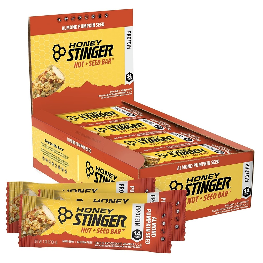 Μέλι Stinger Nut + Seed Bar, Αμύγδαλο Σπόροι κολοκύθας, Πρωτεΐνη Συσκευασμένο Τροφίμων για Άσκηση, Αντοχή, Απόδοση και Ανάκτηση, Αθλητική Διατροφή Snack Bar για Σπίτι & Γυμναστήριο, Post προπόνηση, Κουτί των 12