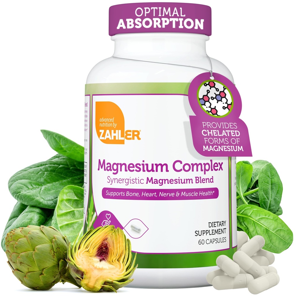 Zahler Magnesium Complex Supplement - Πολλαπλό συμπλήρωμα μαγνησίου Μείγμα με Μαγνήσιο Γλυκινικό, Μηλεϊνικό, Ασπαρτικό, Ταυρινικό και Οξείδιο Plus Βιταμίνη Β6 - Νεύρο των οστών καρδιά & μυϊκή υγεία (60 κάψουλες)