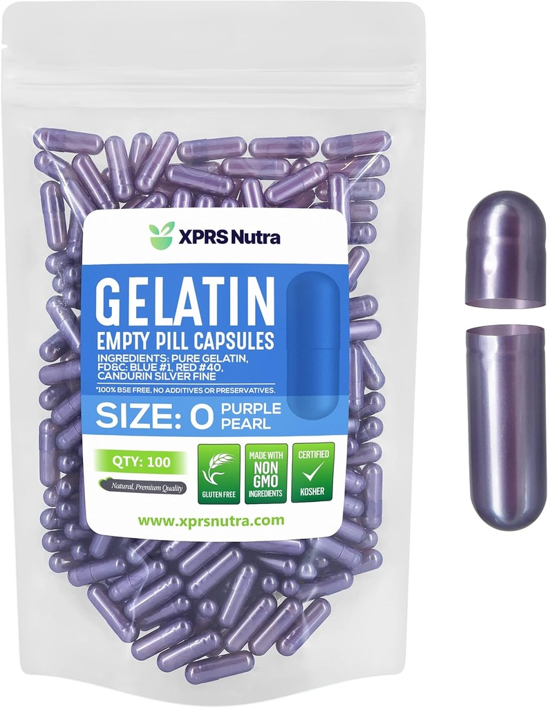 XPRS Nutra Μέγεθος 0 Κενές κάψουλες - 100 Count Empty Gelatin Κάψουλες - Χάπια για DIY Καψάκιο Γέμισμα - Pure Bovine Pill Gel Caps για Do-It-Yourself Συμπληρώματα (Pearl Purple)