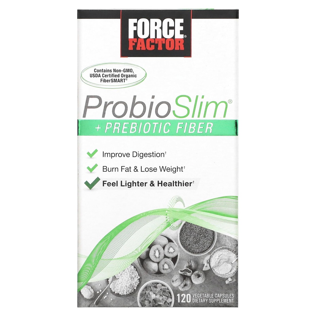 Force Factor ProbioSlim + Prebiotic Fiber Weight Loss Supplement για γυναίκες και άνδρες, Probiotic και Prebiotic Digestive Health Support with Green Tea Extract and Psyllium Husk Fiber, 120 κάψουλες