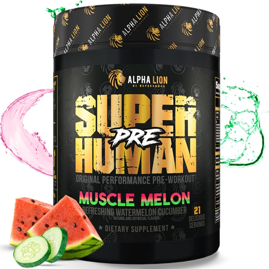 ALPHA LION Superhuman Pre Workout Powder, Beta Alanine, L-Taurine & Tri-Πηγή Καφεΐνη για Παρατεταμένη Ενέργεια & Εστίαση, Νιτρικό Οξείδιο & Κιτρουλλίνη για Αντλία (21 Σερβιέτες, Μυική Πεπόνι)