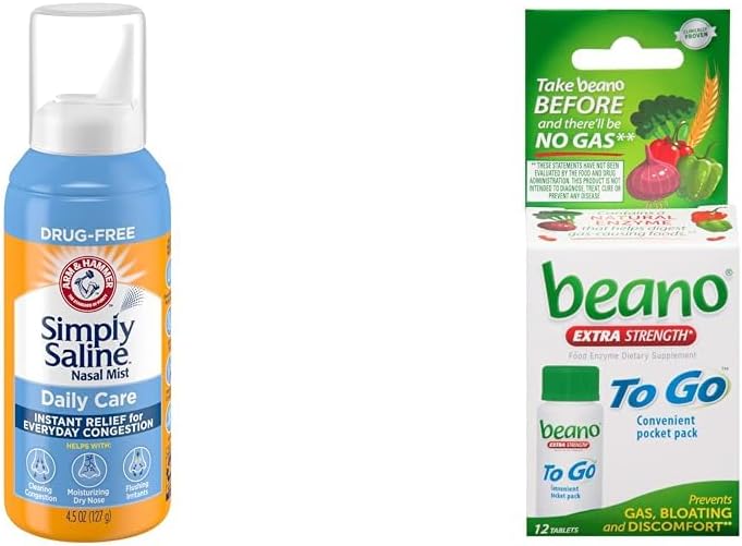 Arm & Hammer Απλά αλατισμένο Nasινικό spray 4.5oz & beano να πάει Αέριο δισκία ανακούφισης 12 Μέτρα
