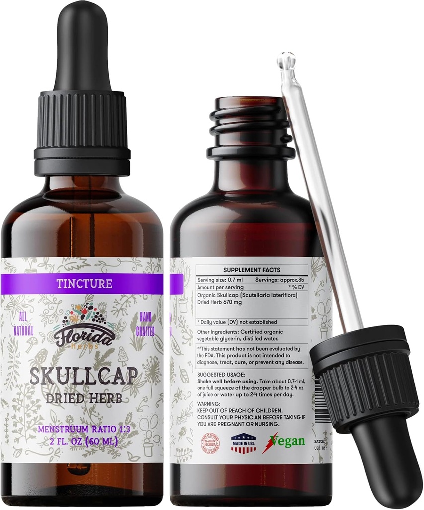 Skullcap Tincture, Organic Skullcap Extract, Skullcap Drops (Scutellaria lateriflora) Dried Herb 2 0z (60 ml)