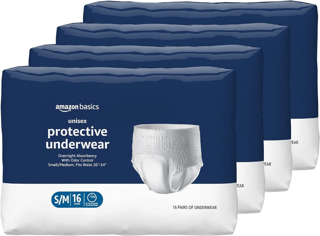   Basics Unisex Protective Underwear, Overnight Absorbency, Small/Medium, 64 Count, (4 Packs of 16)