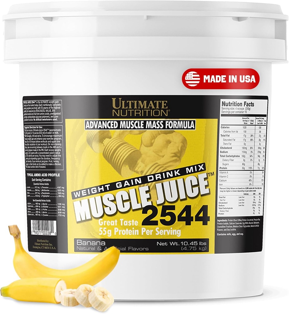 Ultimate Nutrition Mycle Juice, Weight Gain Drink Mix - Μάζα Gainer Σκόνη προπόνησης για άνδρες και γυναίκες - Συμπλήρωμα για Lean μυϊκή ανάπτυξη & ανοσοποιητική υποστήριξη με 55g πρωτεΐνη - μπανάνα, 10,45lb