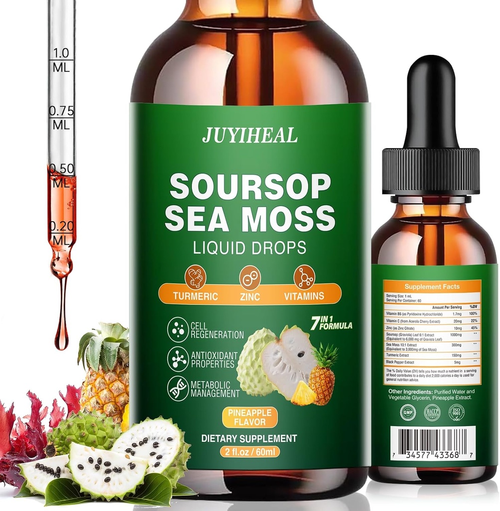 7-σε-1 bitters Soursop Liquid, Soursop Oil with Sea Moss & Turmeric & Vitamino for Immune & Digestive & Cell Support, Sugar-Free 