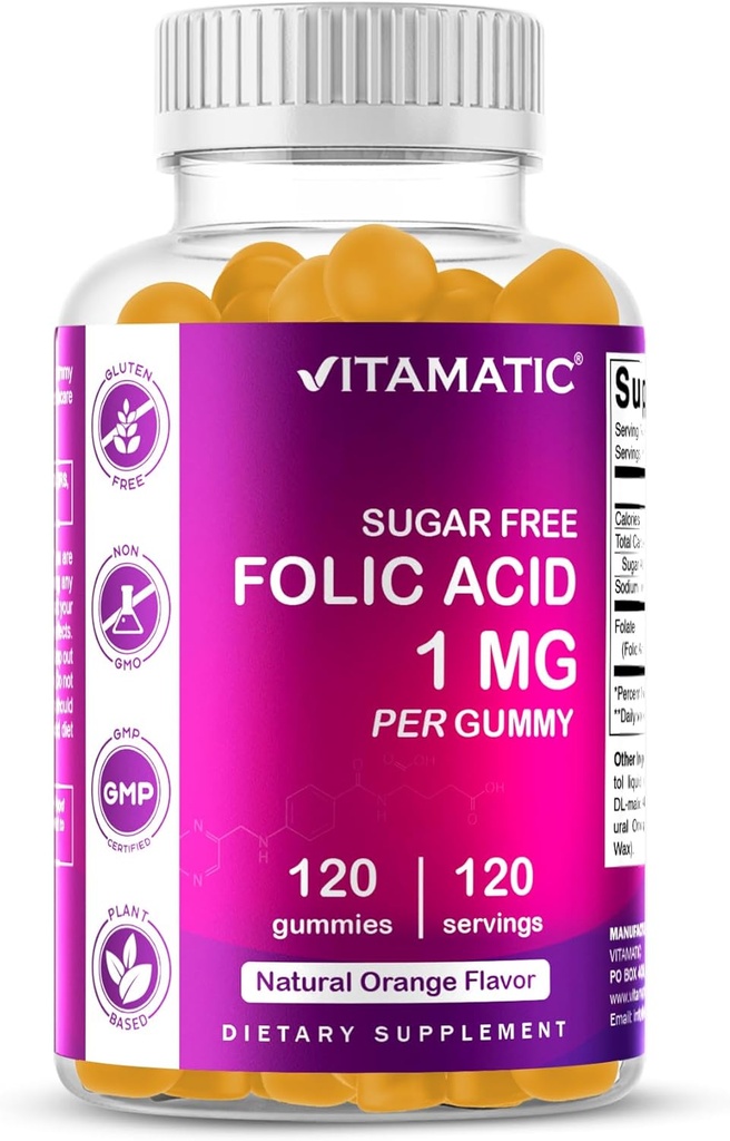 Vitamatic Folic Acid Gummies 1000 mcg (1 mg) - an Essential Prenatal Vitamins for Mom & Baby - Vitamin B9-120 Vegan Gummies (1)