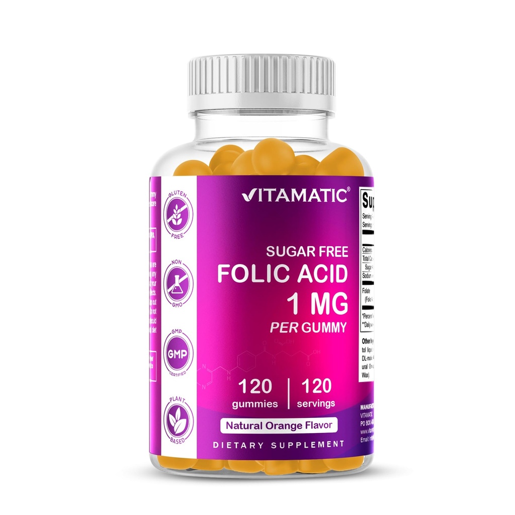 Vitamatic Sugar Free Folic Acid 1 mg Gummies 120 Count Orange Flavor | 1 mg Folic Acid, 1667 mcg DFE per gummy, Healthy cell growth, red blood cell formation, Gluten Free, Non GMO