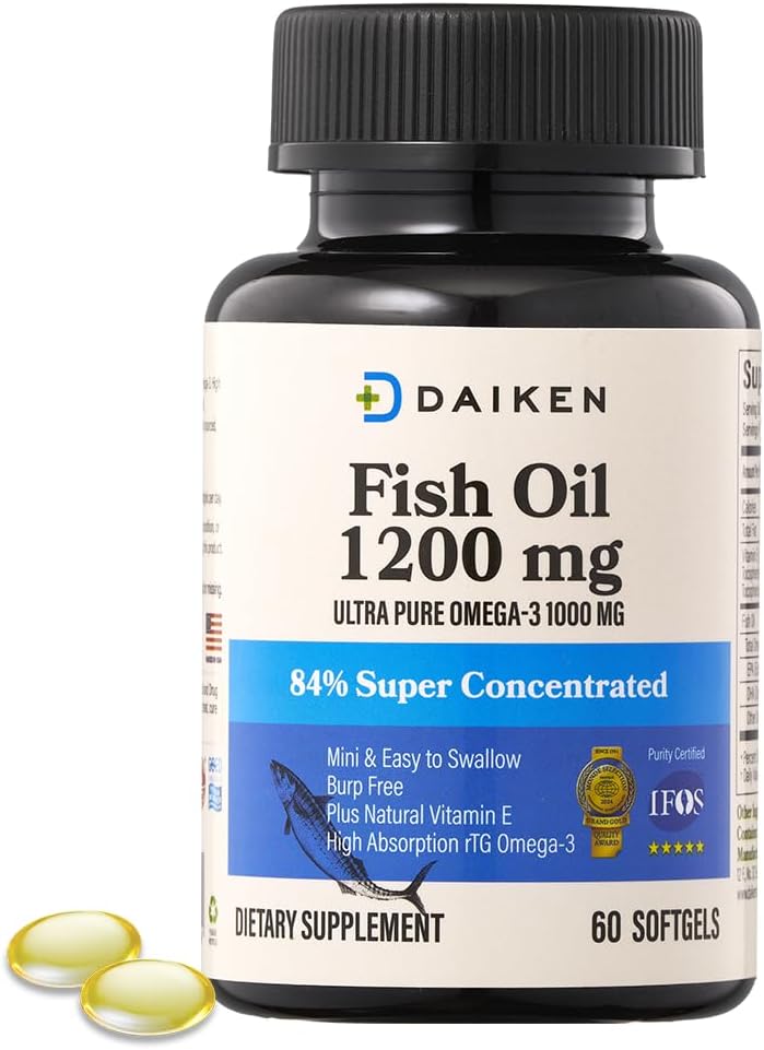 DAIKEN Mini Fish Oil 1200 mg, rTG Omega 3 1000mg, 60 Softgels, Υψηλή Απορρόφηση & Άψογο ιχθυέλαιο για Υγιή Καρδιά, Εγκέφαλο και Ξηρά Μάτια Υποστήριξη