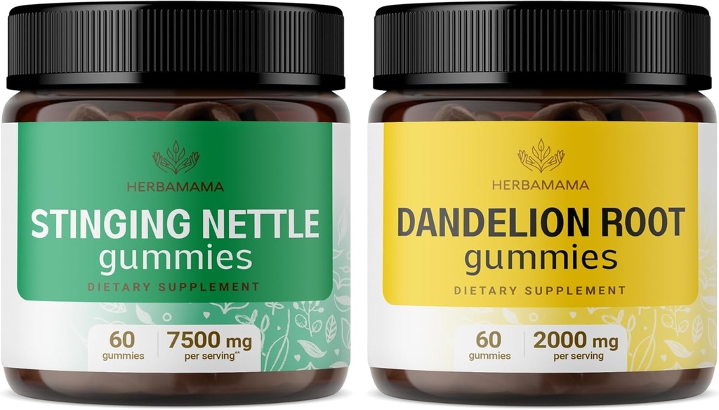 HERBAMAMA Sting Nattle and Dandelion Kit - Bundle 7500 mg Stinging Nattle Root & 2000 mg Dandelion Root Gummies - Vegan, Non-GMO, Gelatin-free - 2 Pack