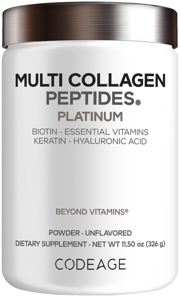 Codeage Multi Collage για γυναίκες & άνδρες Βιοτίνη 10000mcg Κερατίνη, πρωτεΐνη σκόνη Βιταμίνη C B6 D3, Υαλουρονικό οξύ, Νιασίνη - Hydrolyzed Collagen Coffee Creamer 5 Τύποι - Χωρίς γεύση - Μη ΓΤΟ - 11,5oz