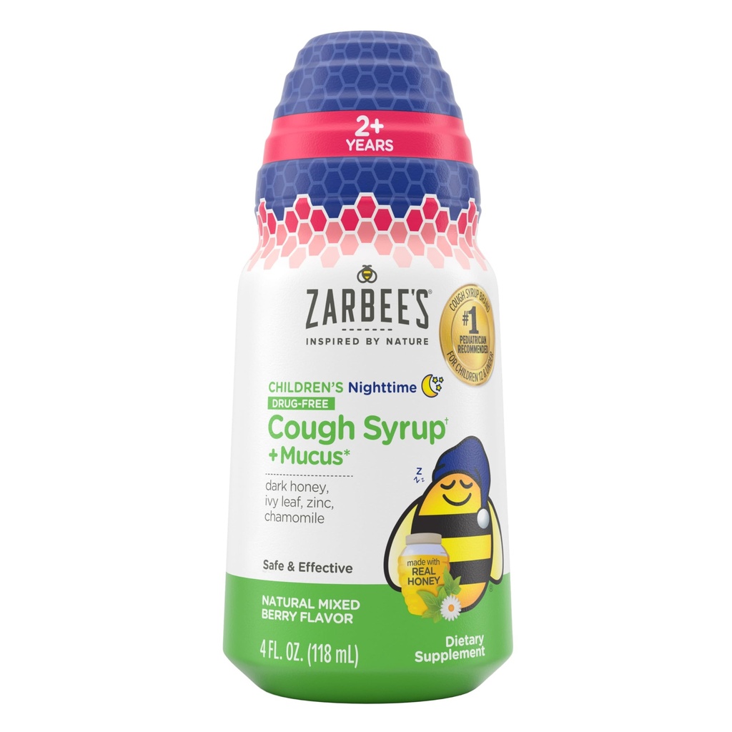 Zarbee's Children's Nighttime Honey Cough Syrup + Mucus for Kids 2+ + Dark Honey, Ivy Leaf, & Calming Chamomile, #1 Παιδιατρικός Συνιστάται, Drug & Alcohol-Free, Mixed Berry, 4 fl. oz.