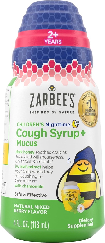 Zarbee's Children's Nighttime Honey Cough Syrup + Mucus for Kids 2+ + Dark Honey, Ivy Leaf, & Calming Chamomile, #1 Pediatrician Recommended, Drug & Alcohol-Free, Mixed Berry, 4 fl. oz