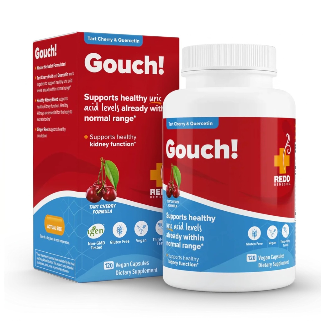 Redd Remedies Gouch! | Supplement for Joints, Uric Acid Levels, and Healthy Kidney Function | Tart Cherry, Ginger, Quercetin, & More | 120 Vegan Capsules