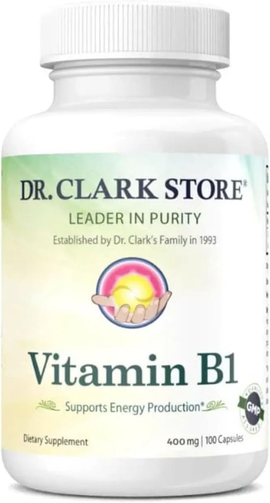 Dr. Clark Vitamin B1 Thiamine 400mg συμπλήρωμα -Thiamine B1 συμπλήρωμα για το υγιές νευρικό σύστημα & την ενέργεια Μεταβολισμός, χωρίς γλουτένη, χωρίς γαλακτοκομικά - 100 κάψουλες Ζελατίνη
