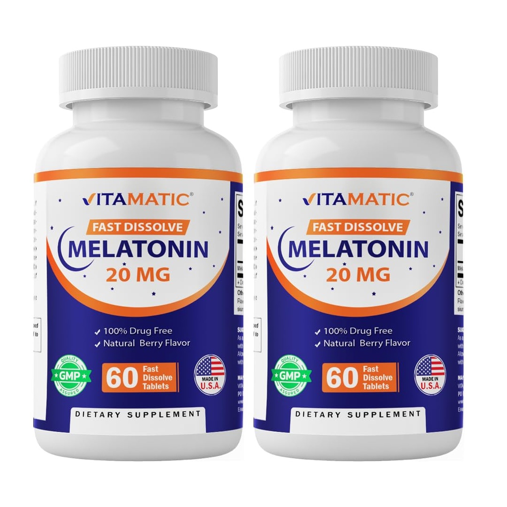 Vitamatic 2- Πακέτο Υψηλής Ικανότητας Μελατονίνη 20 mg – 60 Δισκία ταχείας διάλυσης Σύνολο ταχείας δράσης Υποστήριξη ύπνου – Φυσικό μούρο Γεύση Χορτοφάγα
