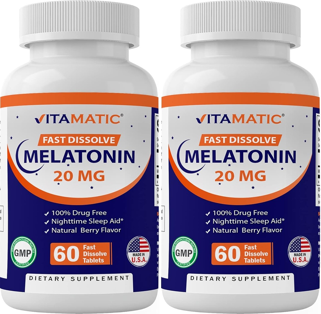 Vitamatic 2- Πακέτο Υψηλής Ικανότητας Μελατονίνη 20 mg – 60 Δισκία ταχείας διάλυσης Σύνολο ταχείας δράσης Υποστήριξη ύπνου – Φυσικό μούρο Γεύση Χορτοφάγα