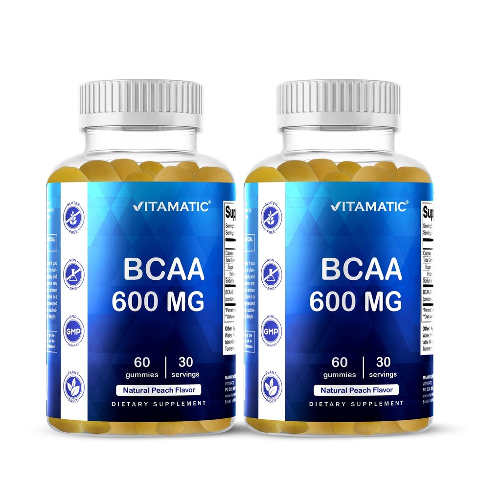 Vitamatic BCAA Gummies - Κλάδος αλυσίδα Amino Acid Συμπληρώματα - Ροδάκινο Γεύση - 600mg ανά υπηρεσία - 60 Vegan Pectin Based Gummies (2 μπουκάλια)