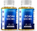 Vitamatic BCAA Gummies - Branch Chain Amino Acid Supplements - Peach Flavor - 600mg per Serving - 60 Vegan Pectin Based Gummies (2 Bottles)