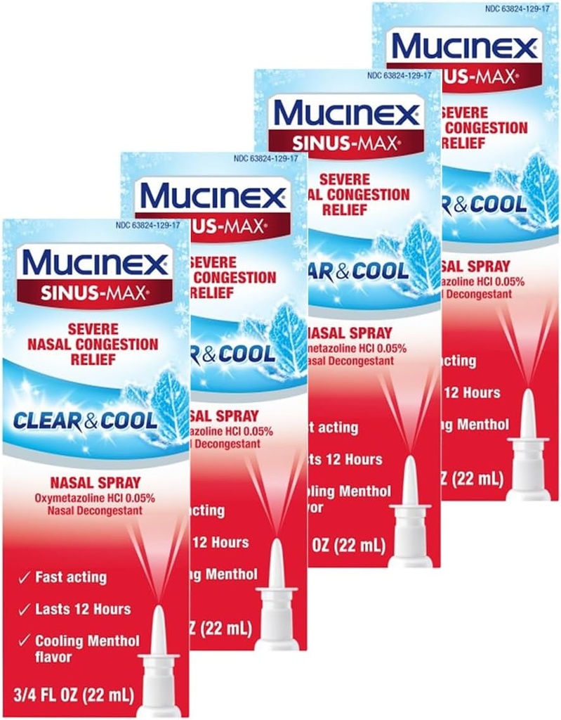 Mucinex Nasal Decongestant Spray, Sinus-Max Severe Nasal Congestion Relief Clear & Cool Nasal Spray, Lasts 12 Hours, Fast Acting, Cooling Menthol Flavor, Packaging May Vary, 0.75 Fl Oz (Pack of 4)