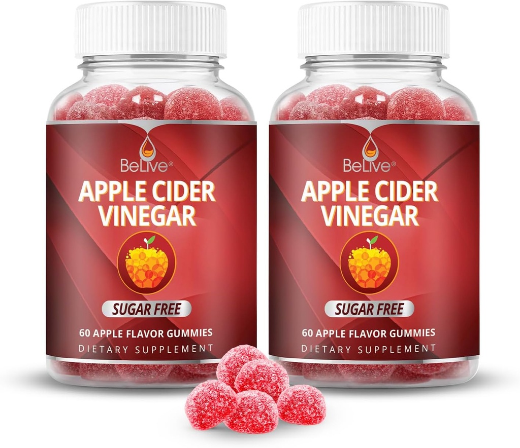 Belive Apple Cider Vinegar Sugar Free Gummies – Μεγάλη για Digestion & Healthy Diet - Χωρίς γλουτένη, χωρίς σιρόπι γλυκόζης, ACV Gummies Εναλλακτική για κάψουλες & ποτά (120 Ct) – 2 Pack