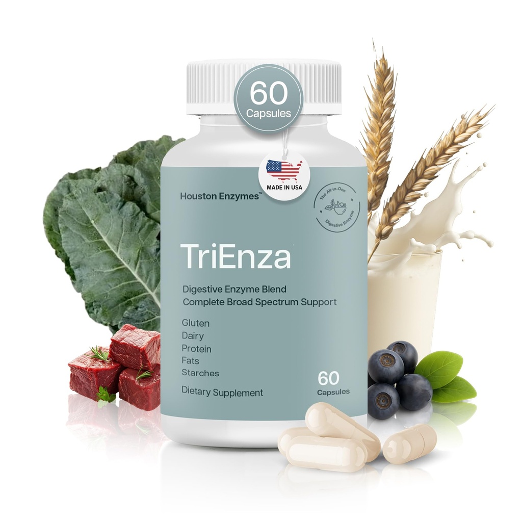 Houston Enzymes TriEnza - Digestive Enzyme Supplement for Gluten, Casein, Soy, Proteins, Carbohydrates, Fats & Polyphenos - Digestive Enzymes for Women & Men (60 Κάψουλες)