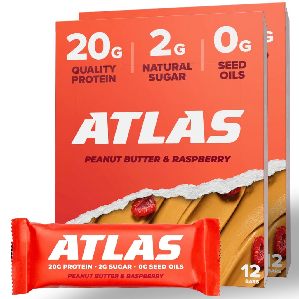 Atlas Protein Bar, 20g Πρωτεΐνη, 1g Ζάχαρη, Καθαρά Συστατικά, Χωρίς γλουτένη (Peanut Butter Raspberry, 12 Count (Pack of 2))