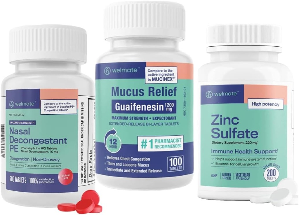 WELMATE Ultimate Ψυχρό & Αλλεργία Relief Bundle: Μέγιστη Δύναμη Guaifenesin 1200 Mg Mucus Relief (100 δισκία), Phenylefrine HCl 10 mg Nasινικό Αποσυμφορητικό (200 δισκία) & Ψευδάργυρος Sulfate 220mg