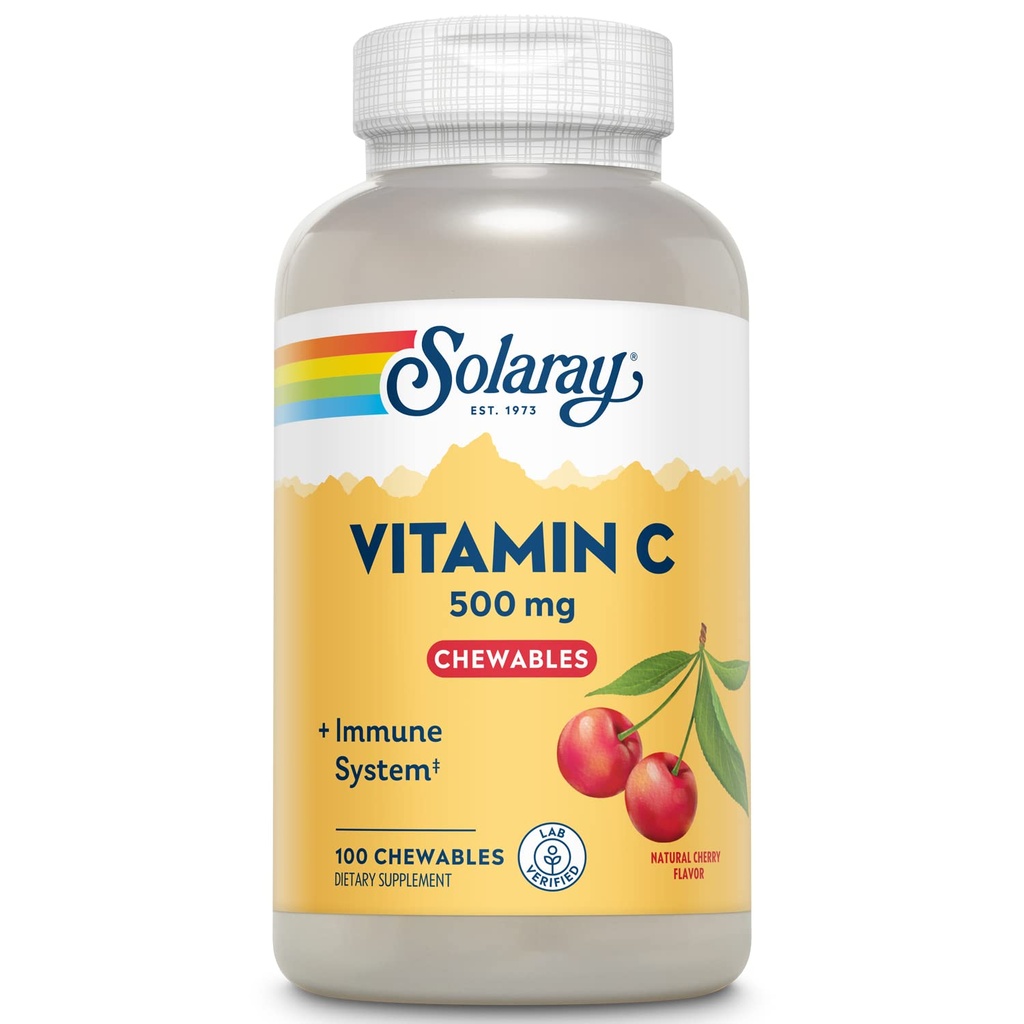 SOLARAY Chewable Vitamin C 500 mg, Φυσικό άρωμα κερασιού με φυσικά γλυκαντικά, αντιοξειδωτικό και ανοσοποιητικό συμπλήρωμα υποστήριξης με πλήρη βάση τροφίμων, 60 ημερών εγγύηση, 100 μερίδες, 100 μάσημα