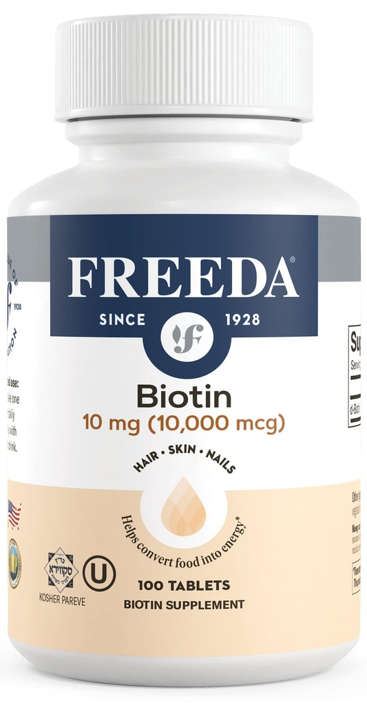 FREEDA Biotin 10.000 mcg – Kosher Hair, Skin & Nails Supplement – Υψηλή δύναμη B7 για την ανάπτυξη των μαλλιών & ισχυρά νύχια – Vegan Tablets με D-Biotin – 100 Tiny Tablet