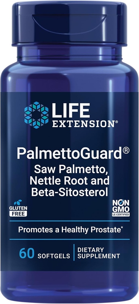 Life Extension PalmettoGuard® Saw Palmetto, Nettle Root and Beta-Sitosterol, Supports Healthy Prostate Function & Hormone Metabolism, 160 mg of Saw Palmetto for Men, Gluten-Free, Non-GMO, 60 softgels