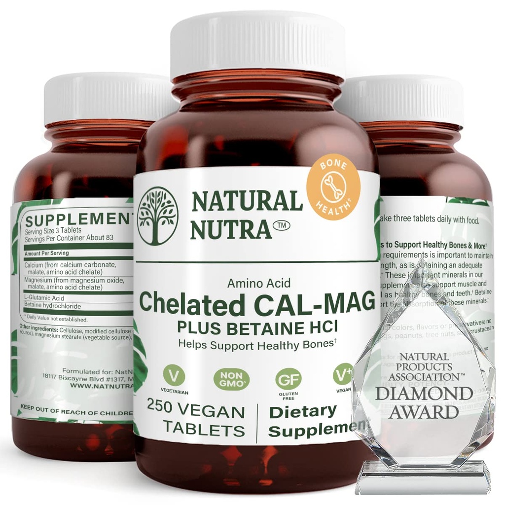 Natural Nutra Chelated Calcium Magnesium 1000/ 500 mg Συμπληρώματα Plus Betaine HCL - Chelated Cal Mag Βελτιώνει την Πυκνότητα των οστών, Υποστηρίζει τους μυς, τα δόντια, την καρδιαγγειακή & νευρική υγεία, 250 Vegan δισκία