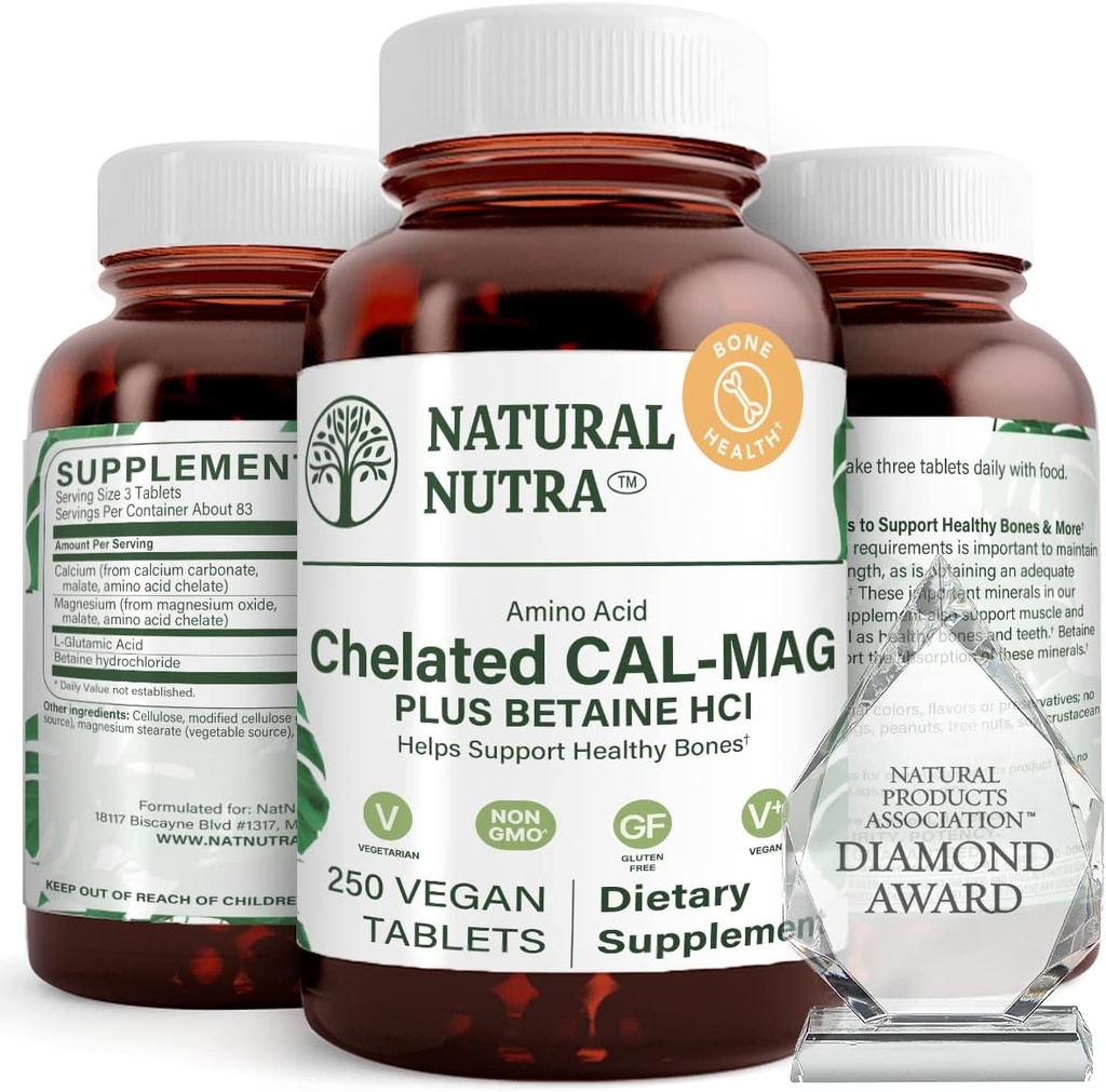 Natural Nutra Chelated Calcium Magnesium 1000/ 500 mg Συμπληρώματα Plus Betaine HCL - Chelated Cal Mag Βελτιώνει την Πυκνότητα των οστών, Υποστηρίζει τους μυς, τα δόντια, την καρδιαγγειακή & νευρική υγεία, 250 Vegan δισκία