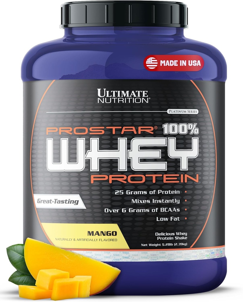 Ultimate Nutrition Prostar Whey Protein Powder Isolate, Mango - Χαμηλή υδατανθράκων, υψηλής πρωτεϊνικής σκόνης Shake for muscle Gain & Recovery - Χαμηλό Νάτριο, Χαμηλό Πάχος & Κετό Φιλικό - 5,28 lbs Tub