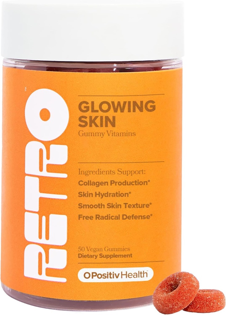 O Positiv RETRO Gummy Glowing Skin Βιταμίνες για την παραγωγή κολλαγόνου– Ασταξανθίνη, Βιταμίνη Ε, εκχύλισμα μπαμπού, ιβίσκος & βιταμίνη C – Vegan Skin Gummies για την ομαλή επιδερμίδα & ενυδάτωση, 50 Count (Pack of 1)