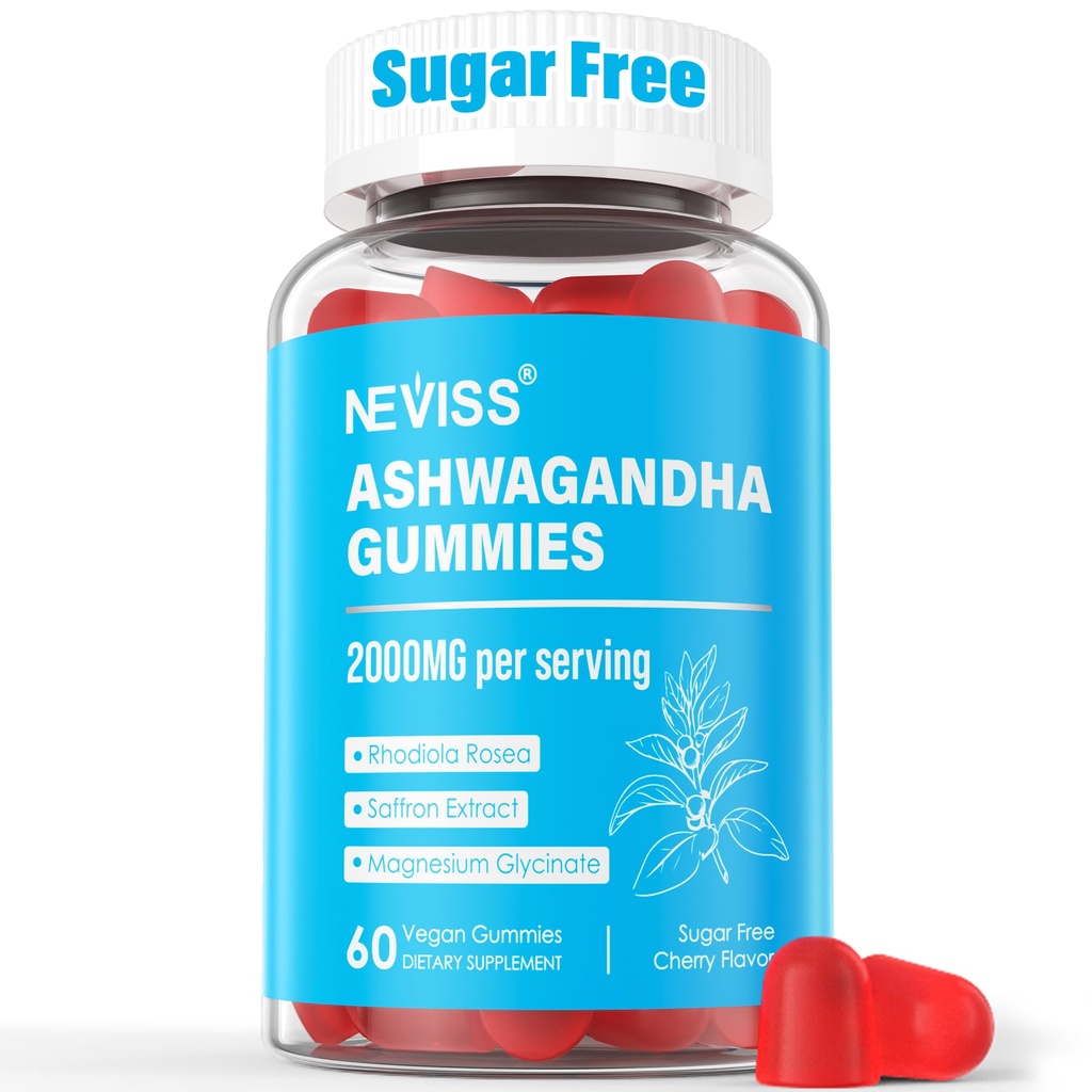 Χωρίς ζάχαρη Ashwagandha Gummies - με Μαγνήσιο Γλυκινικό, Rhodiola Rosea, Ψευδάργυρος, Λέμον Balm, B6 - Relaxation Support, Natural Zzz, Stamina, Energy for Men Γυναίκες - 60 Counts