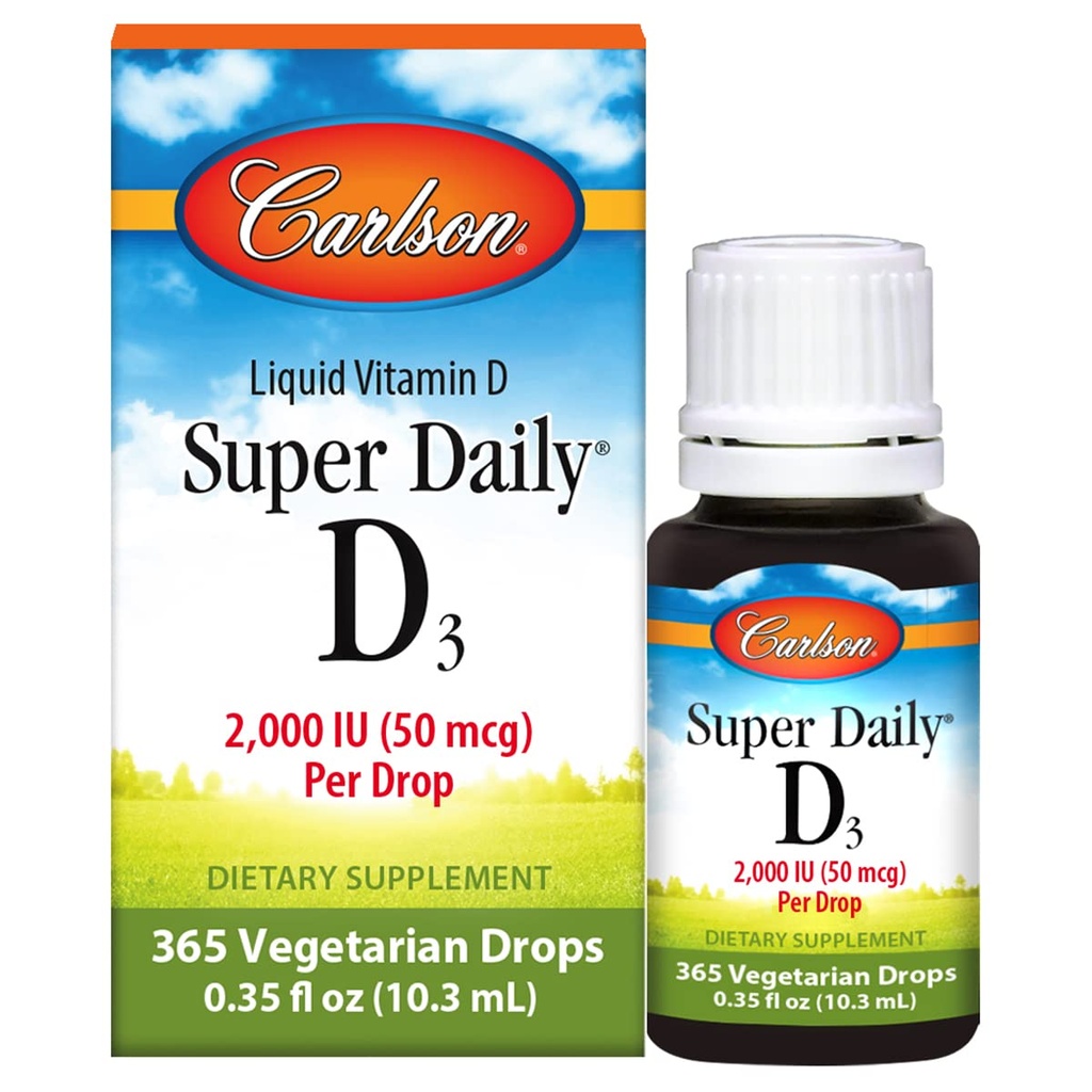 Carlson - SuperDaily D3, σταγόνες βιταμίνης D, 2.000 IU ανά Σταγόνα, 1-Ετος Προμήθεια, βιταμίνη D3 Υγρή, Καρδιά & Ανοσοποιητική Υγεία, Χορτοφαγική, Υγρή βιταμίνη D Σταγόνες, Άγευστη, 365 σταγόνες