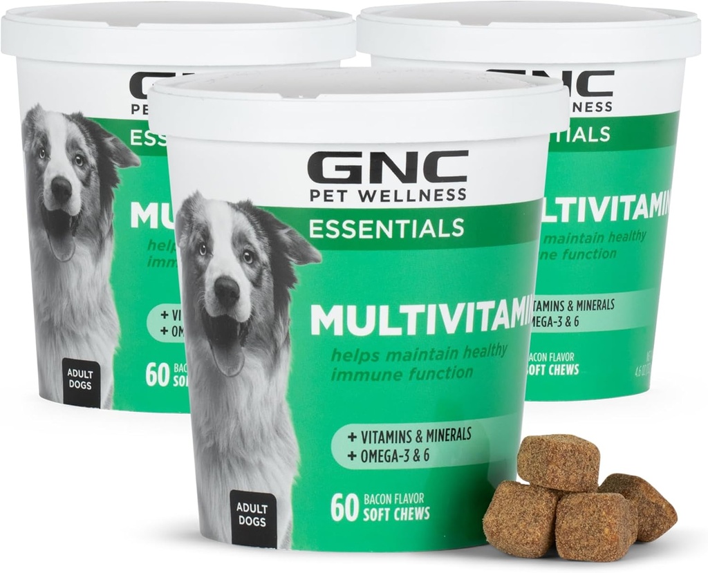 GNC Pets Essentials Dog Multivitamin Soft Chews, Salmon Oil Dog Supplement in Bacon Flavor, Immune Booster and Skin and Coat Support Chewable with Vitamins & Minerals, 60 Count - 3 Pack
