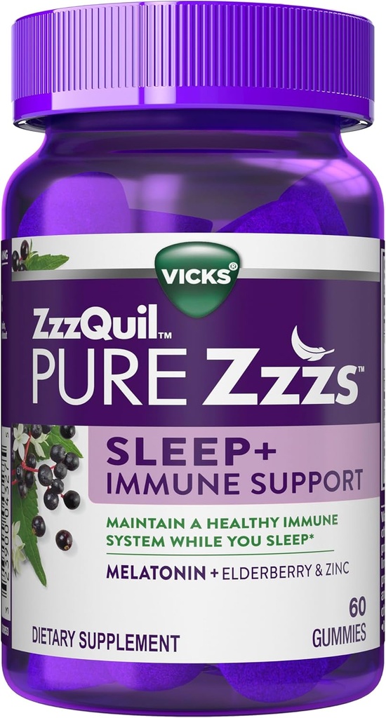 ZzzQuil Pure Zzzs Ύπνος + Ανοσοποιητική υποστήριξη Μελατονίνη Βοήθεια ύπνου Gummies με Elderberry, Ψευδάργυρος, Χαμομήλι, Λεβάντα, & Βαλεριάνα Root, 1mg ανά Gummy, 60 ct