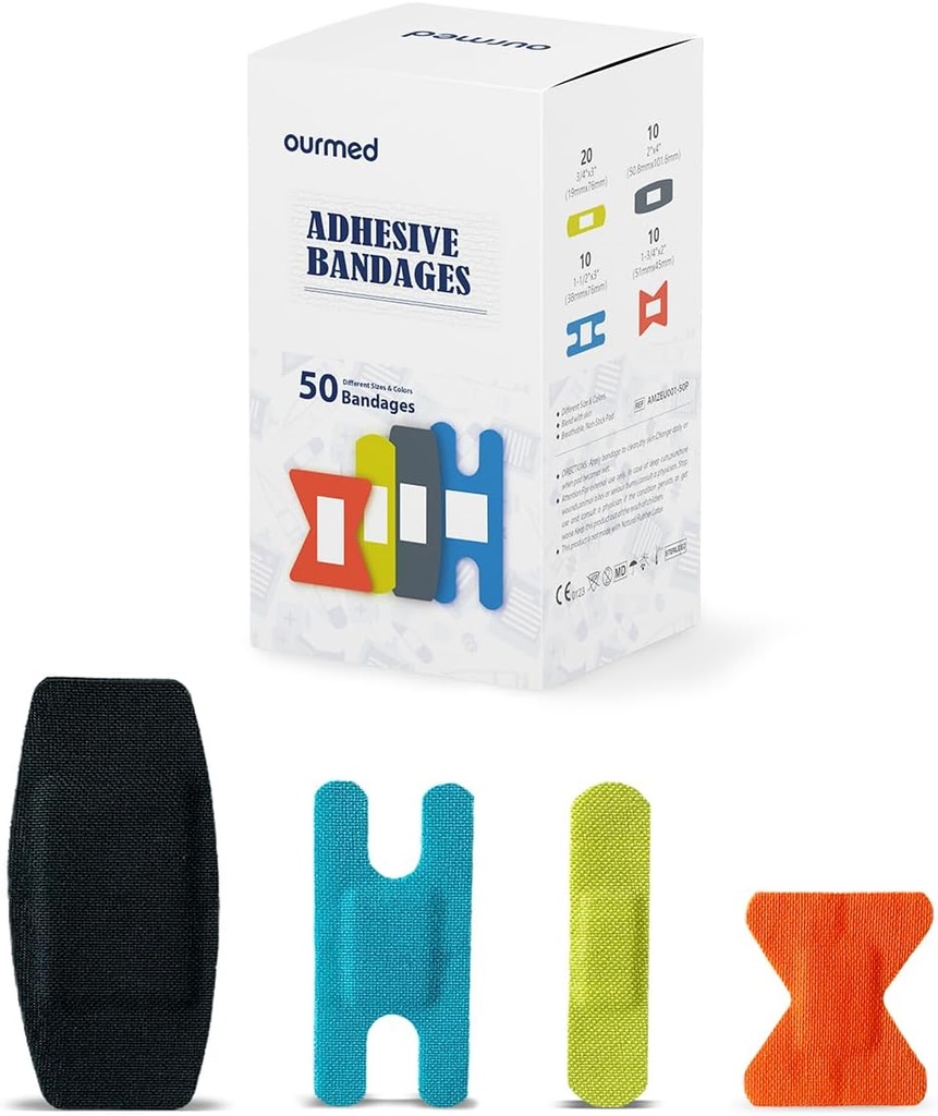 Ευέλικτες ζώνες υφάσματος με μη-Stick Pad, Latex Free, Rainbow Χρώματα Αυτοκόλλητη Bandage First Aid φροντίδα για περικοπές, scrapes, Κυψέλες, Διάφορα μεγέθη, 50 Count