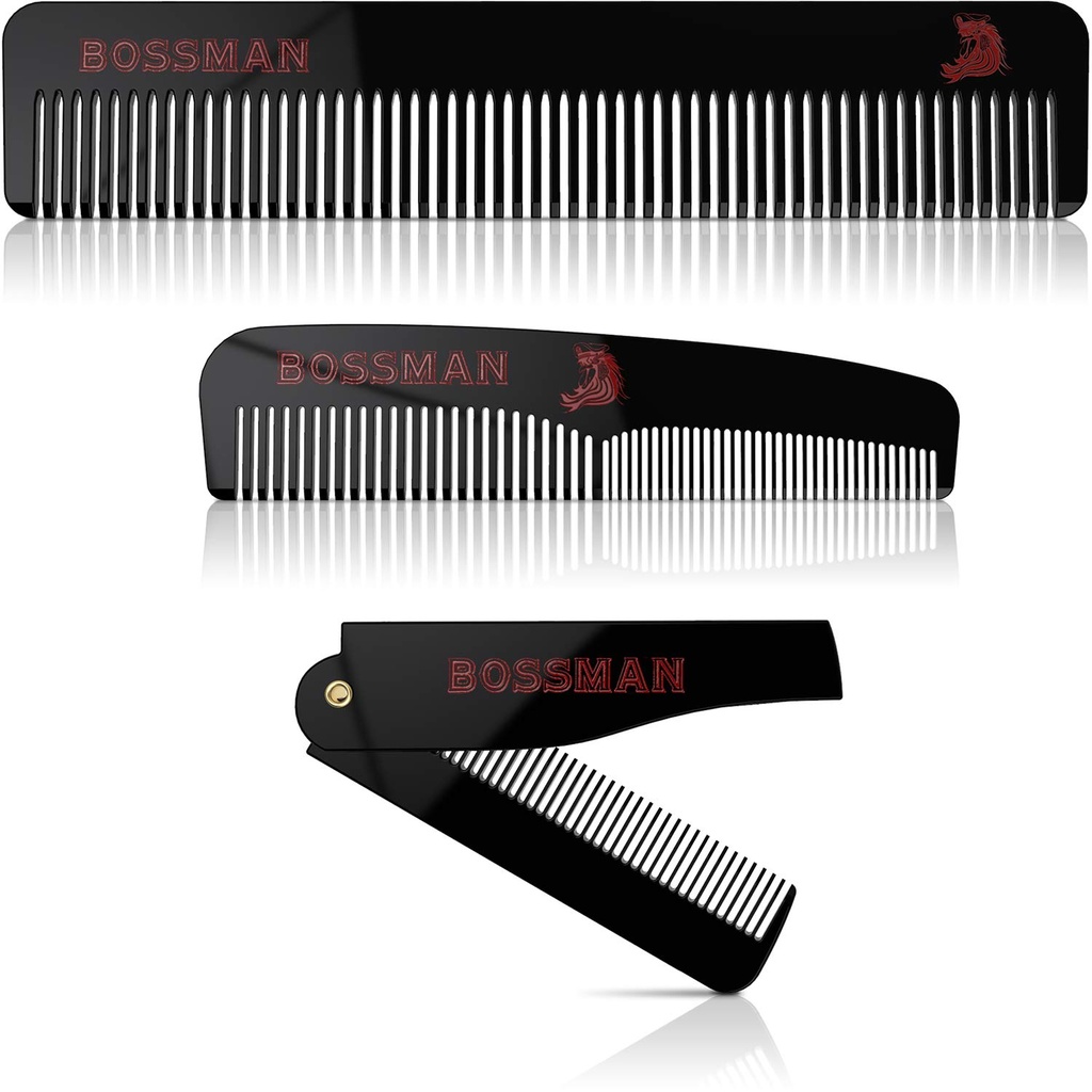 Bossman Acetate Beard, Mustache, & Hair Comb Σετ 3 - Combs για άνδρες με Minimalistic Μαγνητικό Κουτί (7.5-Inch, 5-Inch, 3,5-Inch) - Χαρακτηριστικά Στρογγυλό Δόντια, Δίπτερα Δόντια, και Πτυσσόμενα Σχεδιασμός