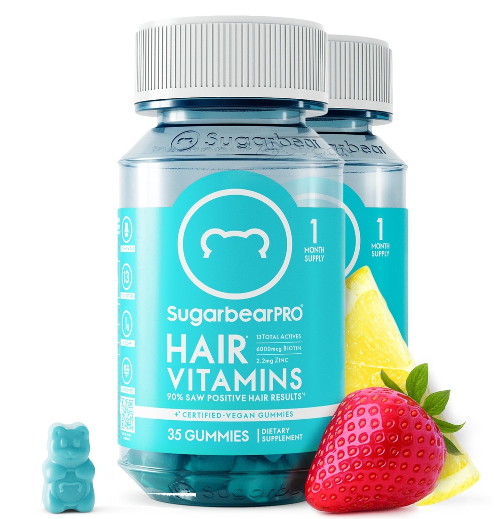 Sugarbear Hair Vitamin Gummy 2 Μήνας προσφοράς επιπλέον δύναμη Biotin 6000mcg, ανάπτυξη για άνδρες & γυναίκες, Vegan Vitamin B12, MSM, Ινοσιτόλη, Ωμέγα 3, Elderberry, Certified Kosher, Hanal, Σκληρός-ελεύθερος