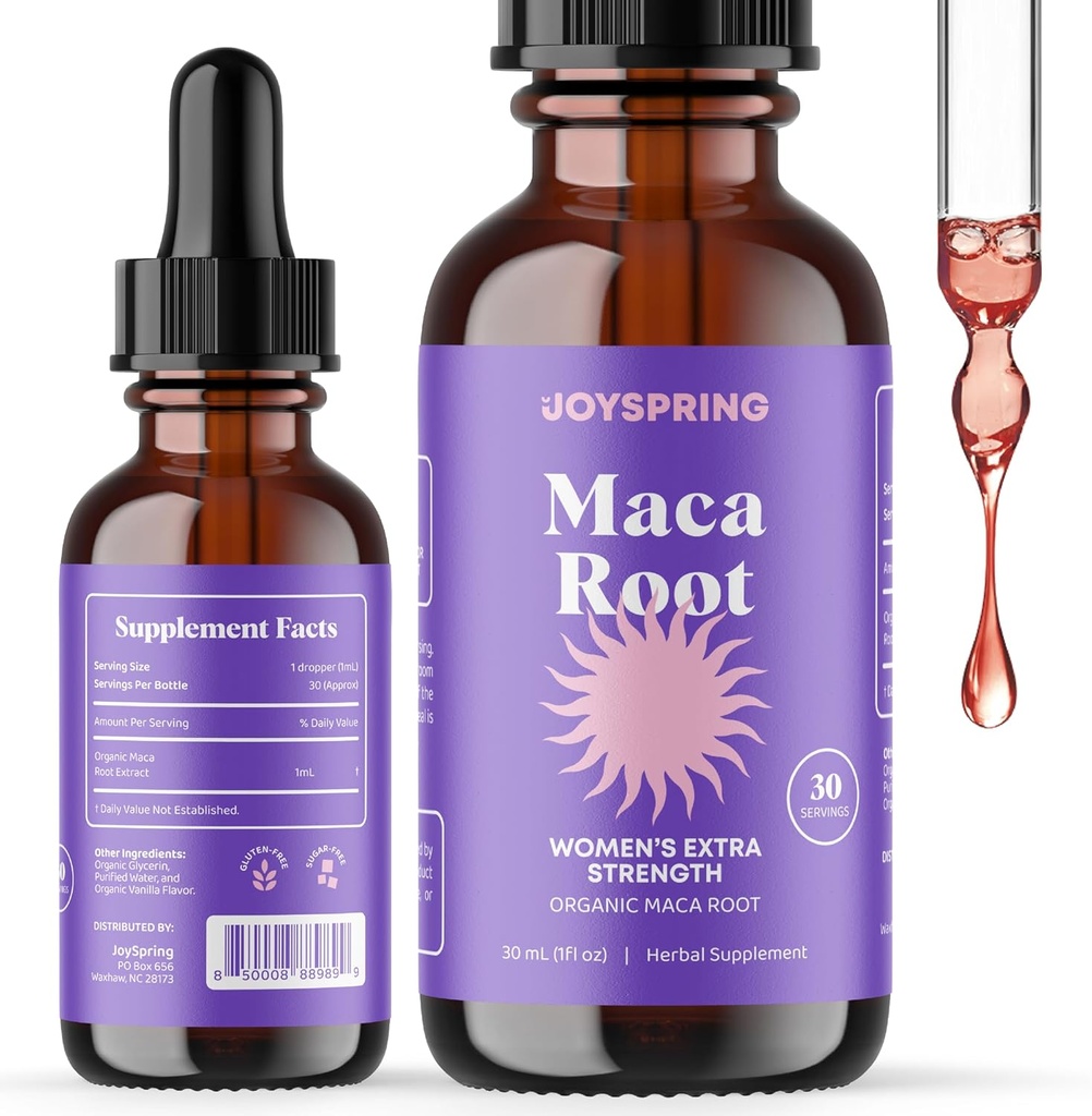 JoySpring Organic Maca Root Liquid Drops for Women – Ενέργεια & Ευεξία Περουβιανό συμπλήρωμα Maca – Νέα Μαμά Δώρα – με Βιταμίνες B2, B6, Νιασίνη (B3), Σιδήρος & Ασβέστιο – 1 oz 