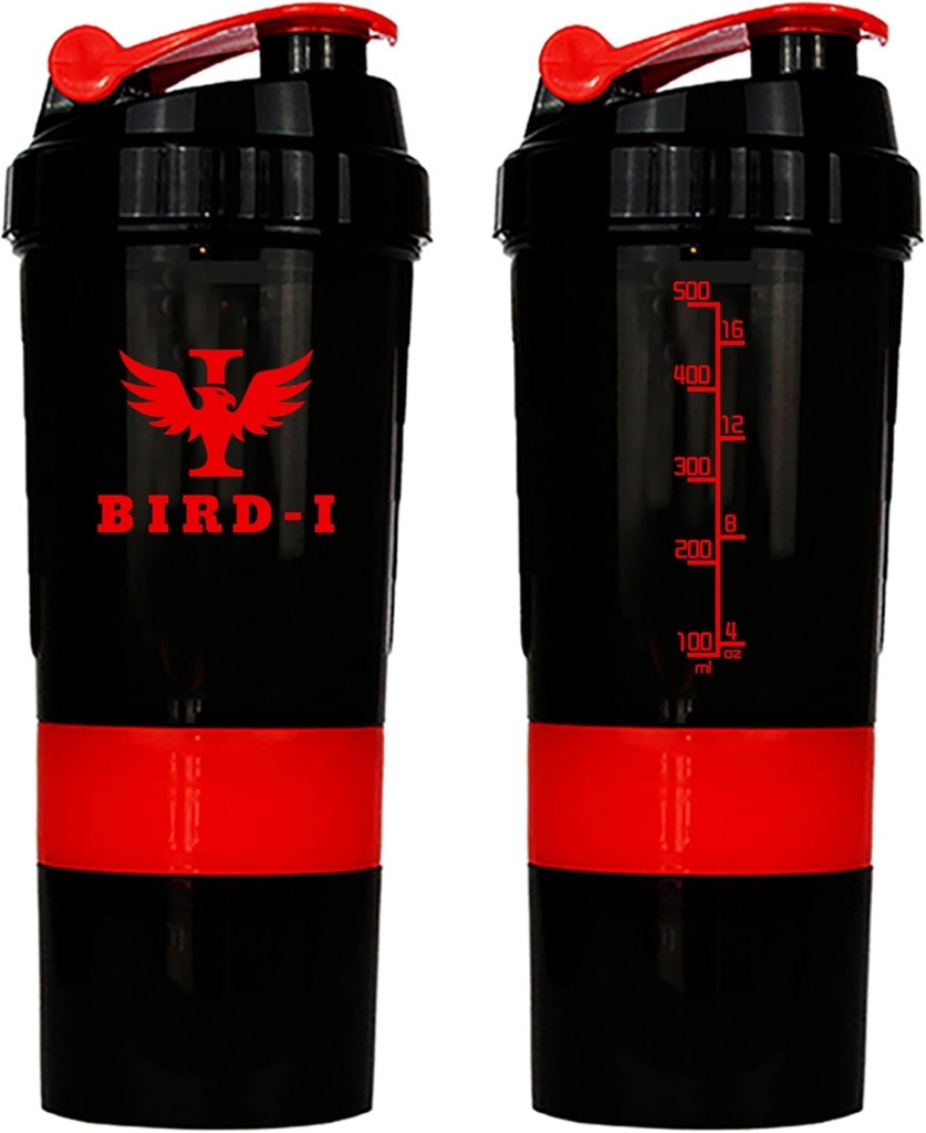 BIRD-I Gym Protein Shaker, 3-in-1, 500ml/16.9oz, BPA-Free, Metal Mixer. (RED), JT4101