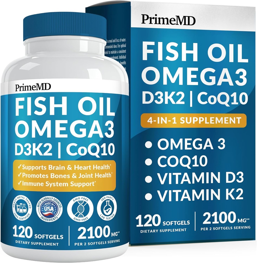 4-in-1 Fish Oil Omega 3 Fatty Supplements (2100mg) - Omega 3 Fish Oil with Vitamins D3 K2 and CoQ10 - Lemon Flavored (120 softgels)