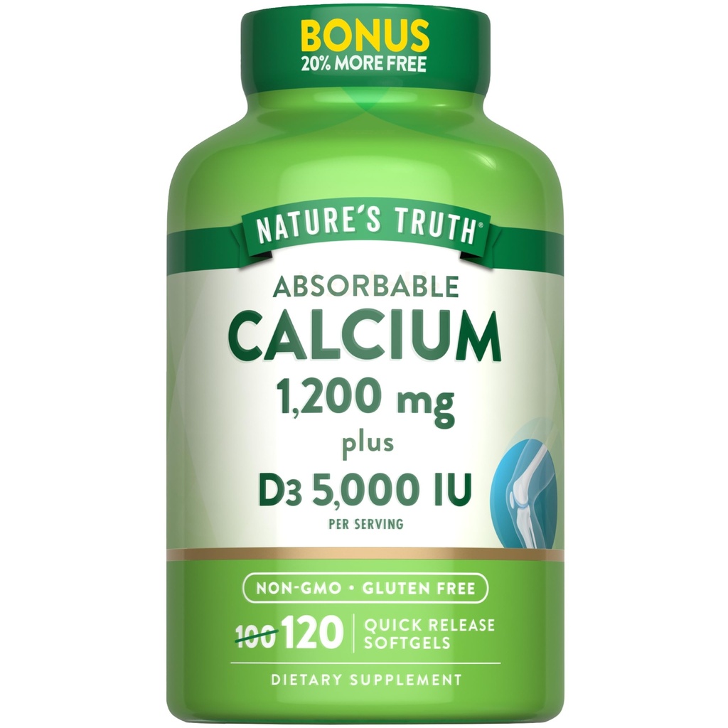 Nature's Truth Absorbable Calcium 1200 mg with Vitamin D3 5000 IU | 120 Softgels | Calcium Carbonate | Non-GMO & Gluten Free Supplement