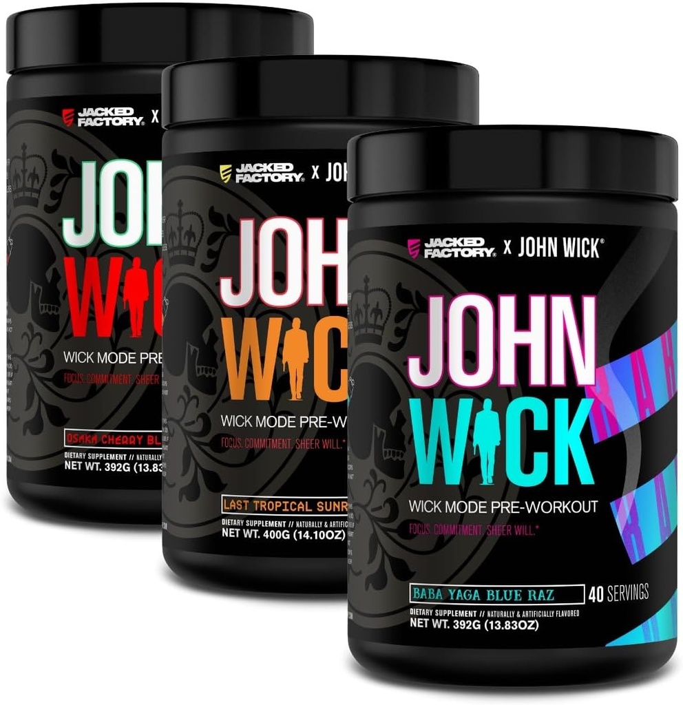 Jacked Factory X John Wick - Wick Mode Pre Workout Powder - Έντονη ενέργεια, μάχη-έτοιμη εστίαση, ασταμάτητη δέσμευση, και Sheer Will - 120 εξυπηρετούν (3-Pack)