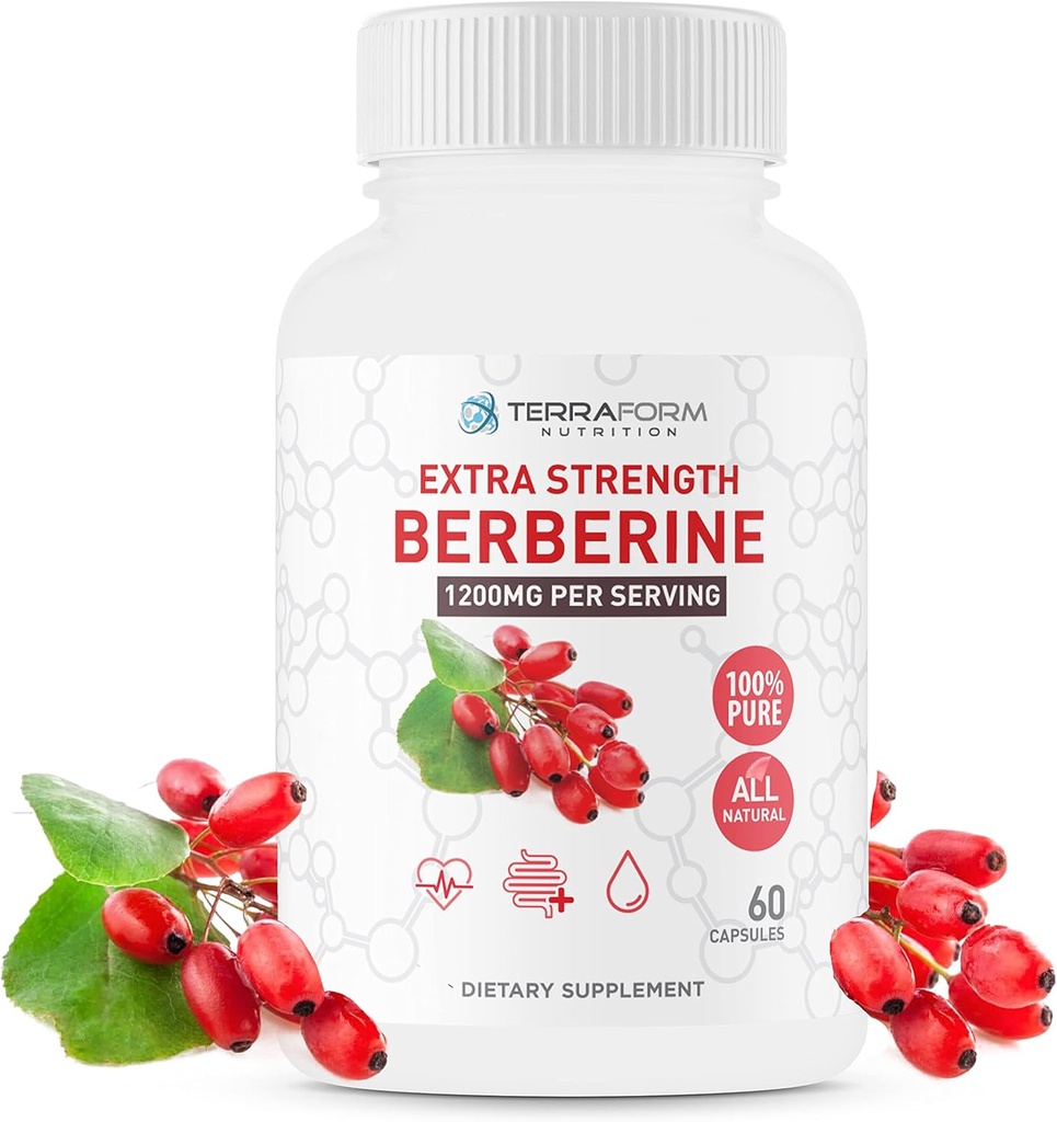 Συμπλήρωμα βερβερίνης - 1200mg Max Strength Berberine HCl Per Serving - Καθαρή βερβερίνη - 60 κάψουλες, 600mg κάθε - 1 μήνα προσφοράς - TerraForm Nutrition